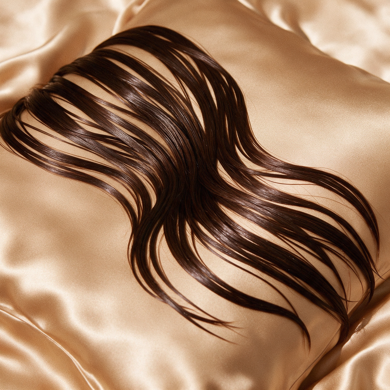 Long dark hair lying smooth and unfrizzed across the Cuprae satin pillowcase
