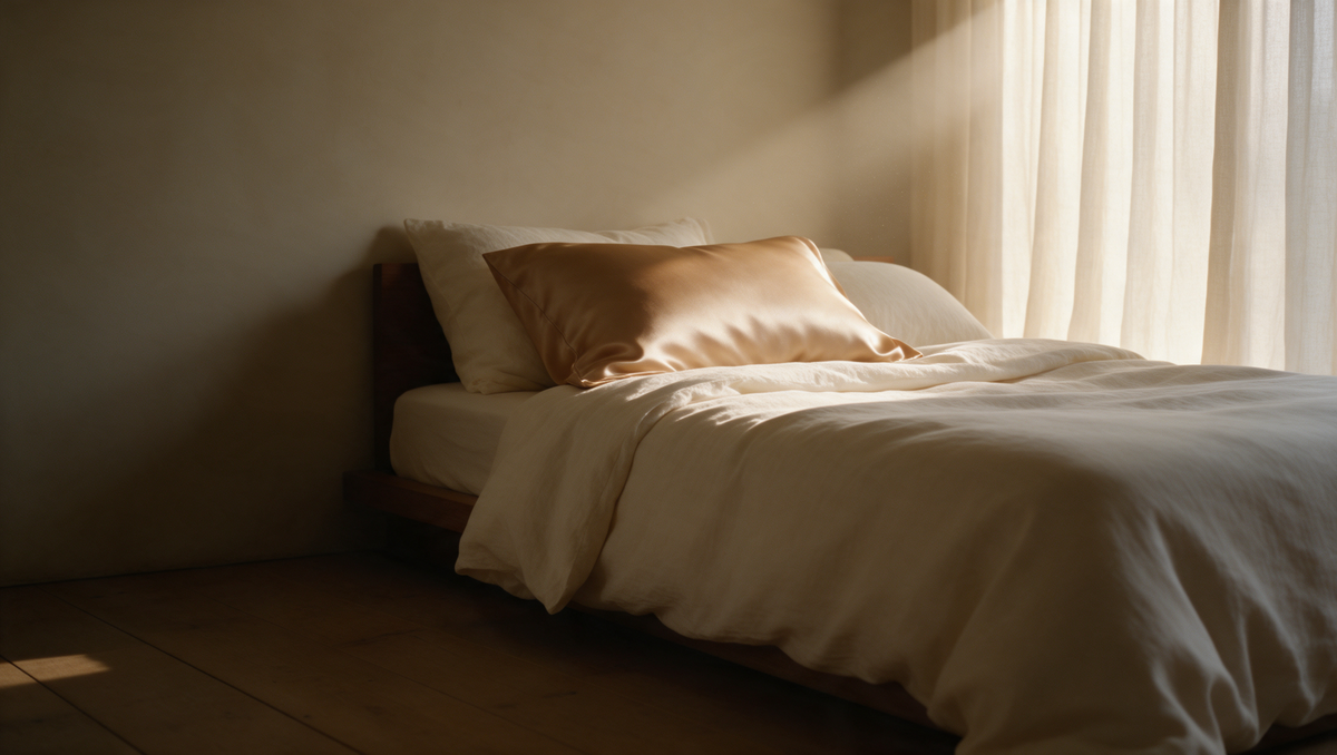 A camel-gold silk pillowcase on a bed in a quiet bedroom at first light