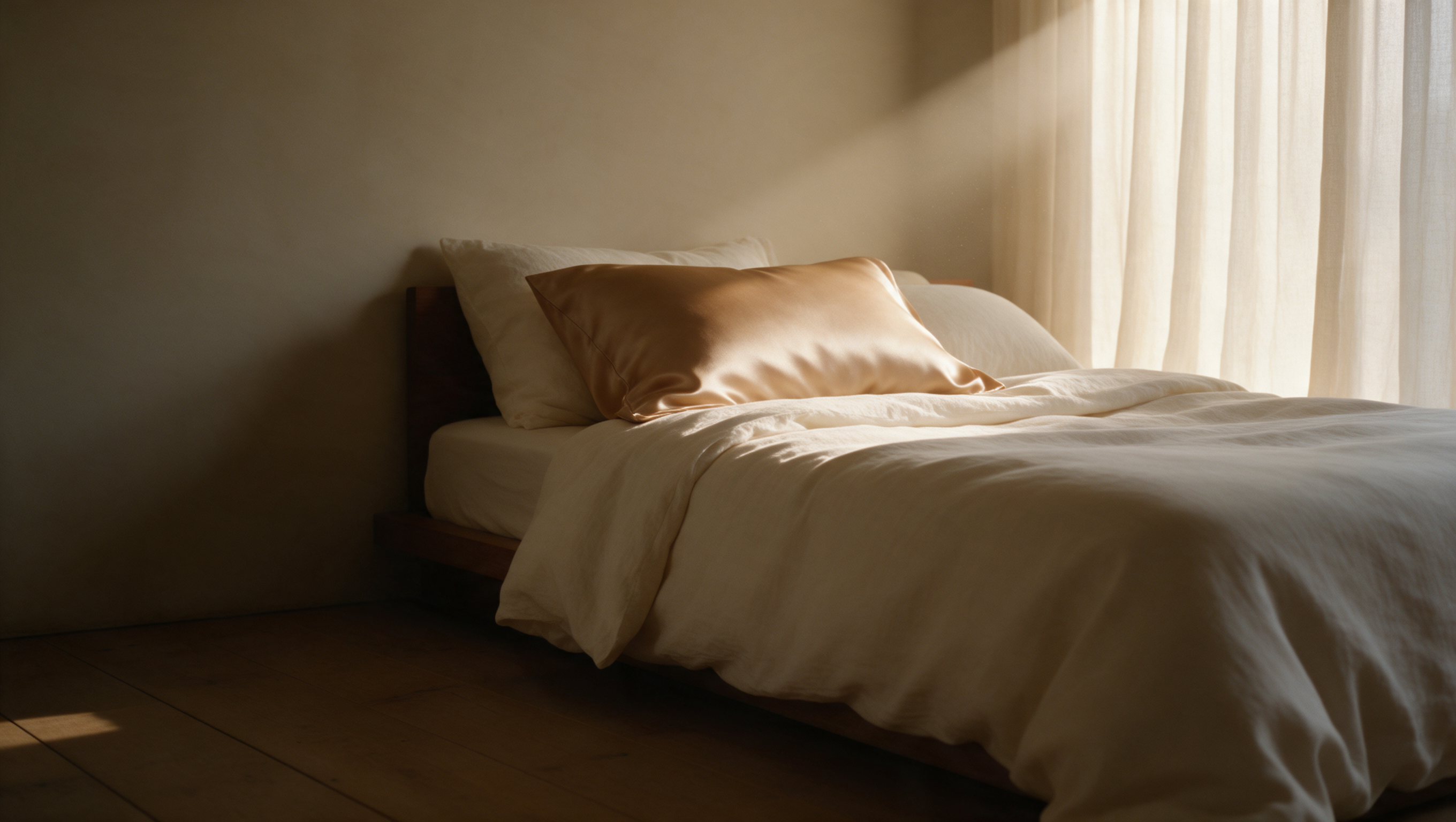 A camel-gold silk pillowcase on a bed in a quiet bedroom at first light