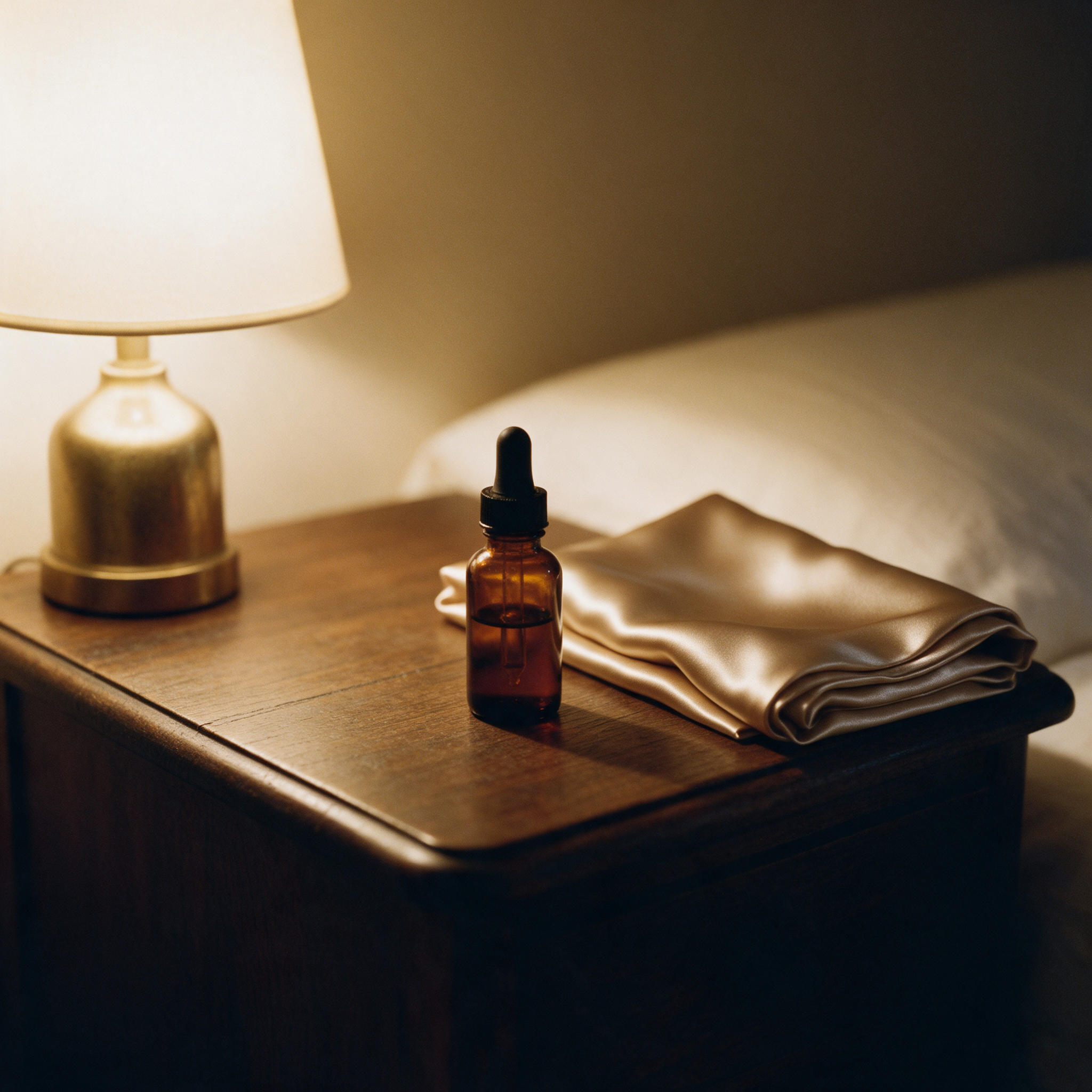 A serum bottle beside a folded Cuprae pillowcase on a bedside table under lamp light