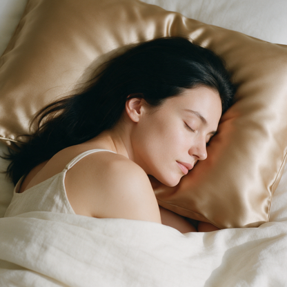 A woman asleep with her cheek resting on the Cuprae pillowcase in morning light