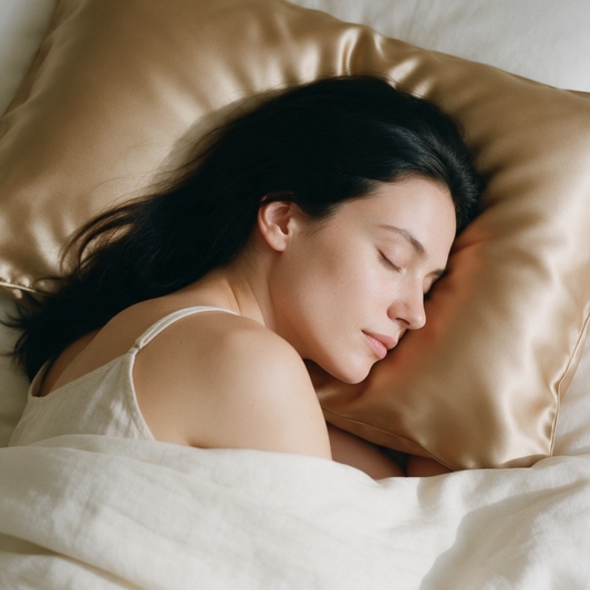 A woman asleep with her cheek resting on the Cuprae pillowcase in morning light